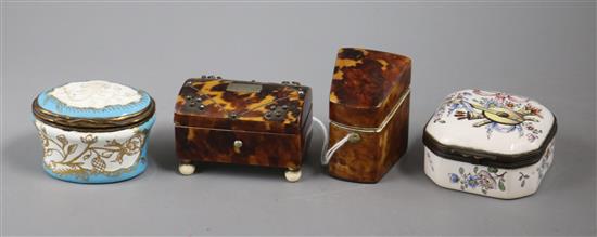 Two enamel pill boxes, a miniature tortoiseshell knife box and a pin box